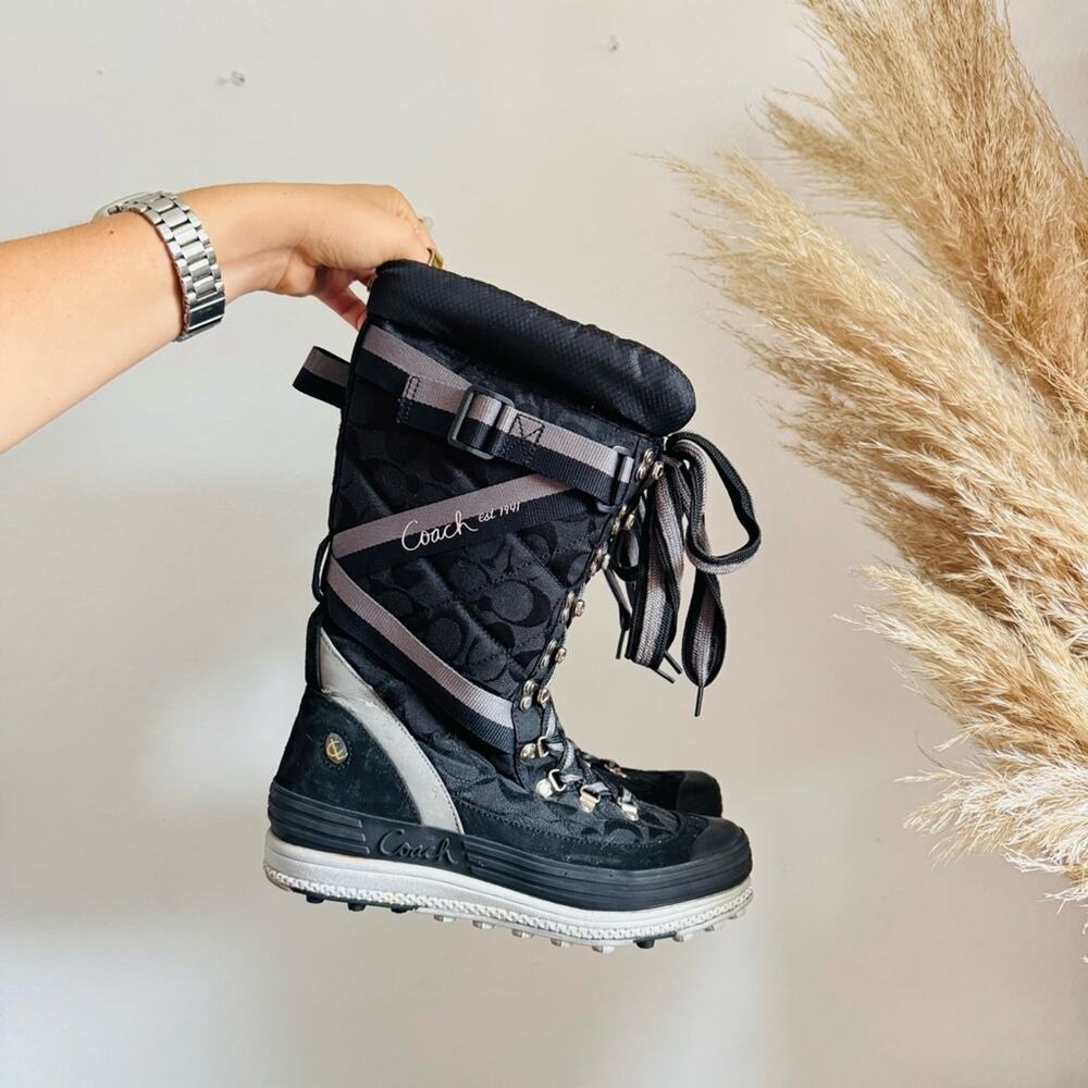 COACH Marian Logo Black Grey Quilted Lace Up Tie $325 Snow Boots Hiking Shoes 8